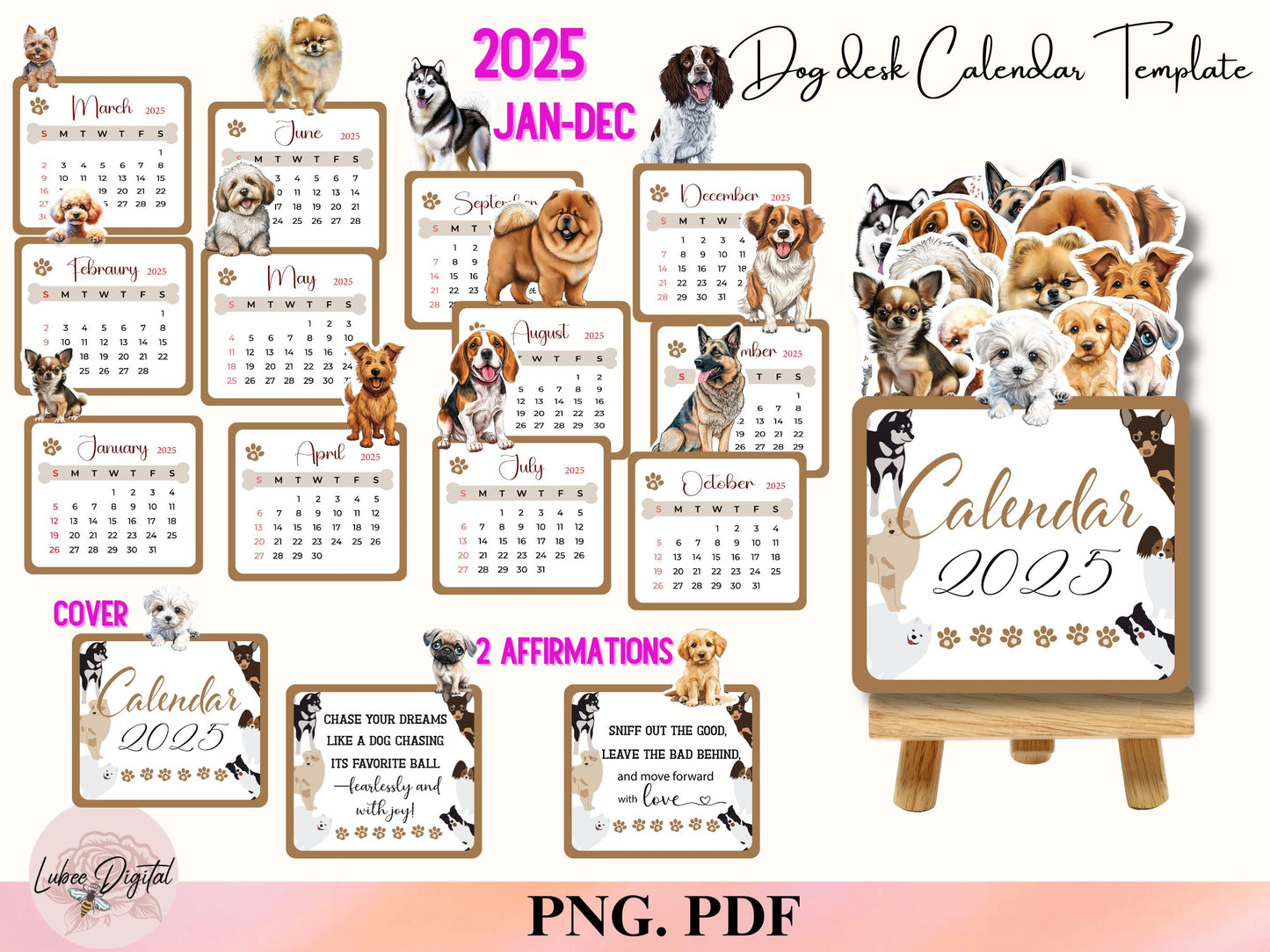 2025 Desk Calendar Dog Printable Wall Calendar Dog Owner Watercolor Print Paw Calendar PNG Cricut,Dog Gift Dog Lovers Dog Mom Desk planner