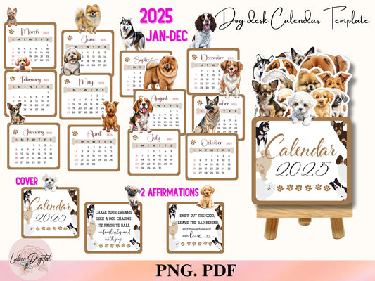 2025 Desk Calendar Dog Printable Wall Calendar Dog Owner Watercolor Print Paw Calendar PNG Cricut,Dog Gift Dog Lovers Dog Mom Desk planner