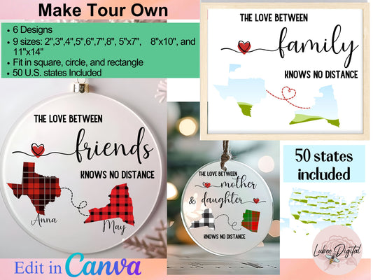 Canva Editable Love Knows No Distance Ornament Friendship Ornament 2024 Besties Long Distance Friends BFF Custom Friends Family gift