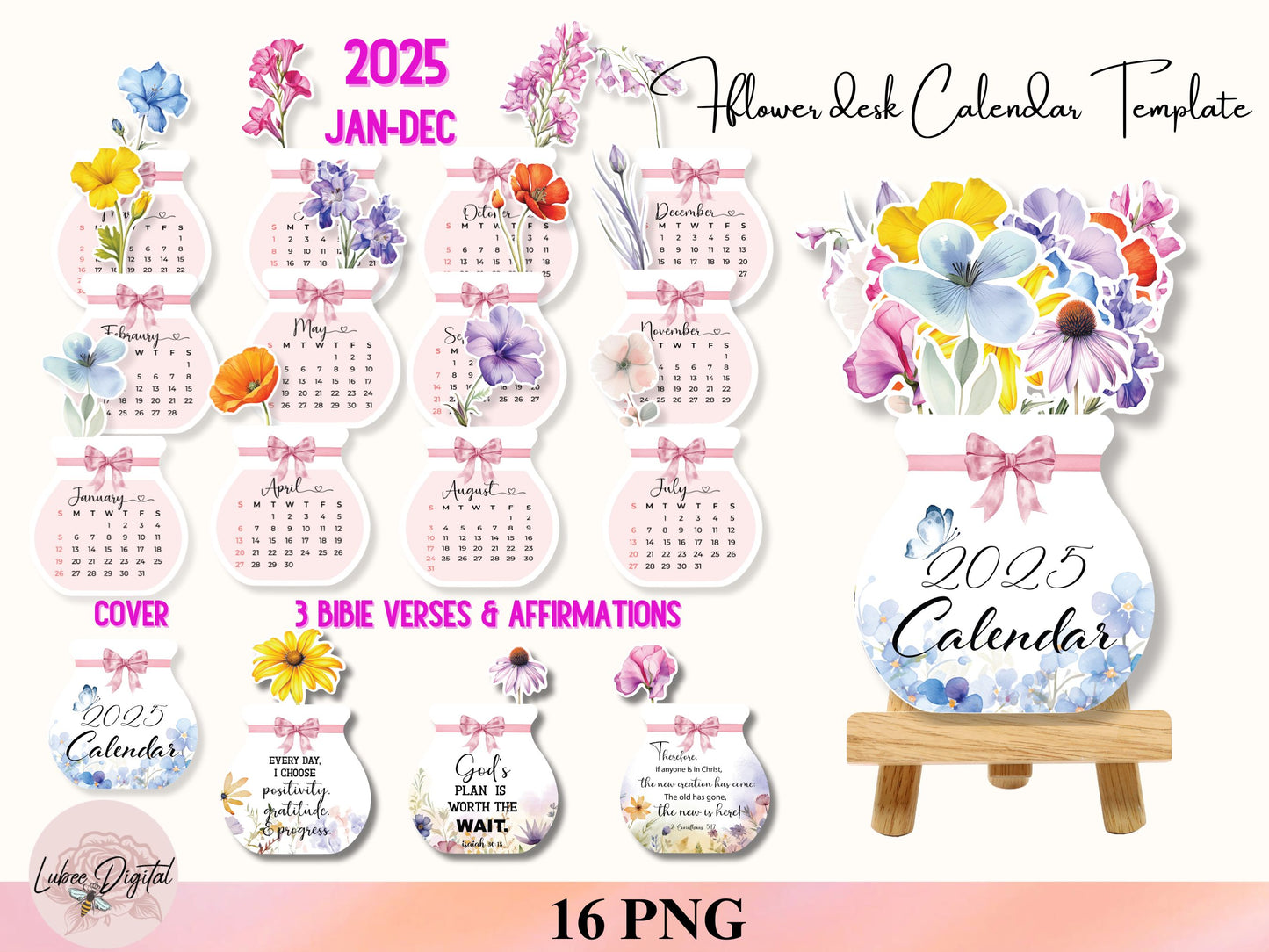 2025 Flower Desk Calendar,Printable Flowers Desk Calendar Affirmation PNG for Cricut,Watercolor Floral Calendar Botanical Bible Verses