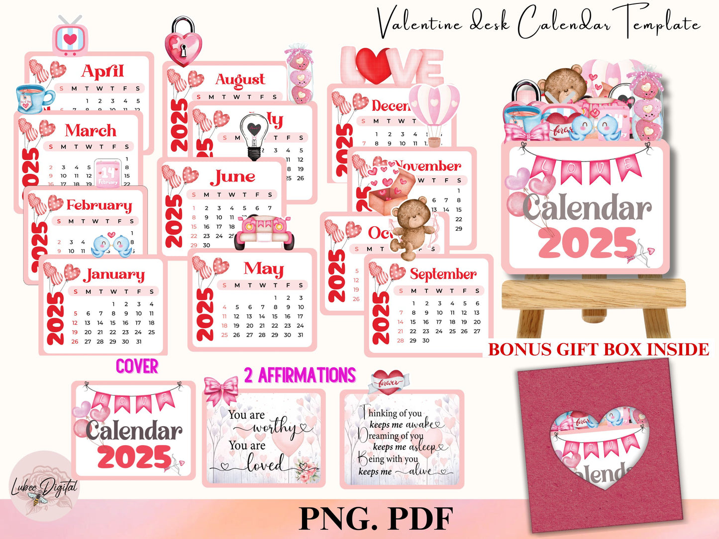 Valentine Monthly Calendar 2025, Printable Mini Calendar & DIY Calendar, Small calendar 2025 Cut File Cricut Farm Gift Desk planner