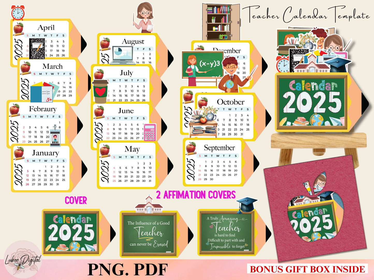 2025 Desk Teacher Calendar Printable Calendar,School Calendar,Monthly Calendar,Mini Calendar,Gift for Teachers, PNG Calendar for Cricut