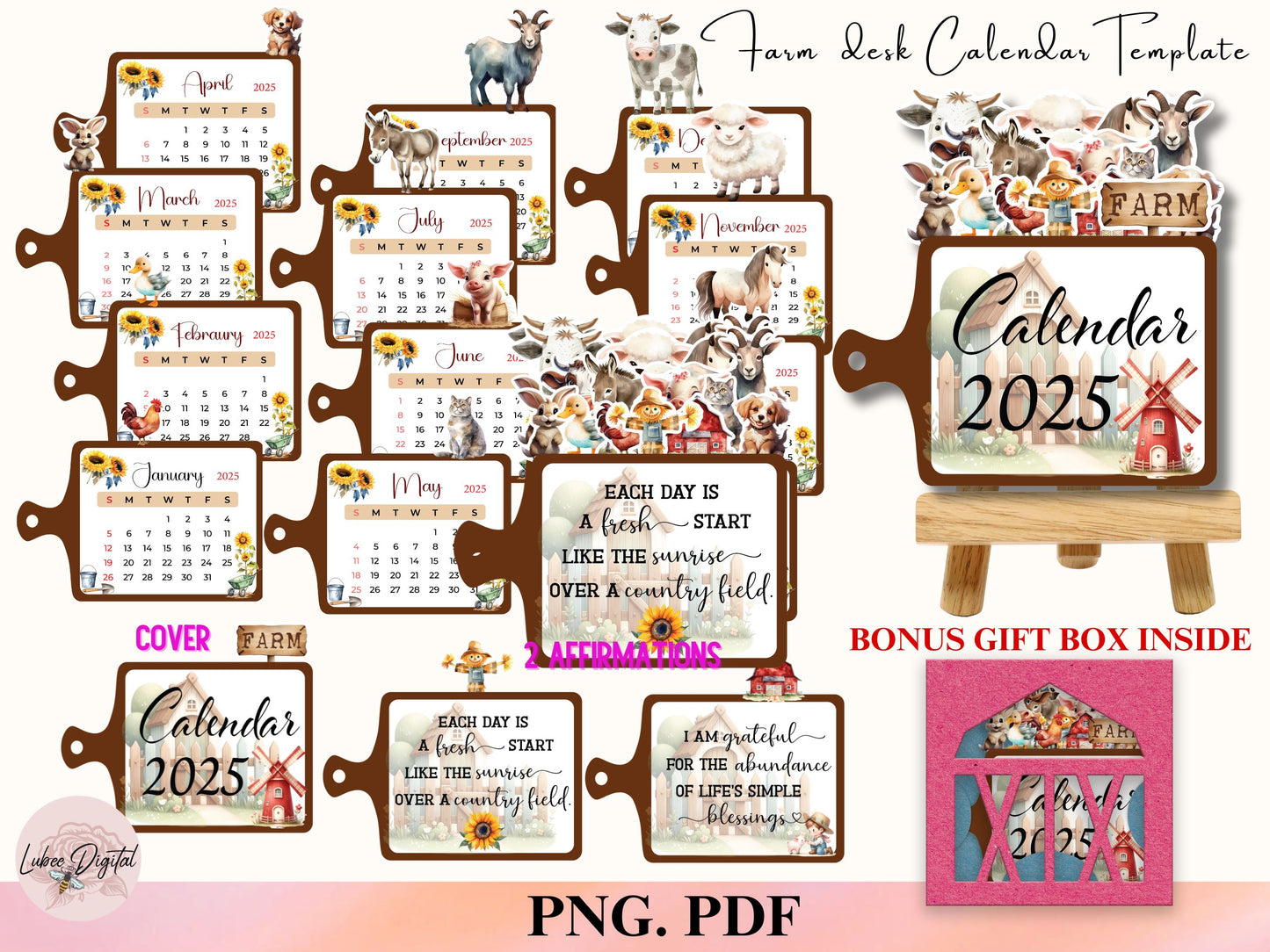 Farm Animal Monthly Calendar 2025, Printable Mini Calendar & DIY Calendar, Small calendar 2025 Cut File Cricut Farm Gift Desk planner