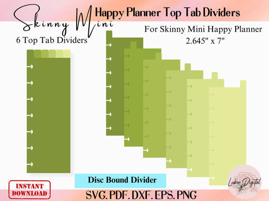 Skinny Mini Happy Planner Disc Bound Divider Template,2.645" x7" Binder Dividers,Notebook Disc Bound Divider, 6 Top Tab Dividers