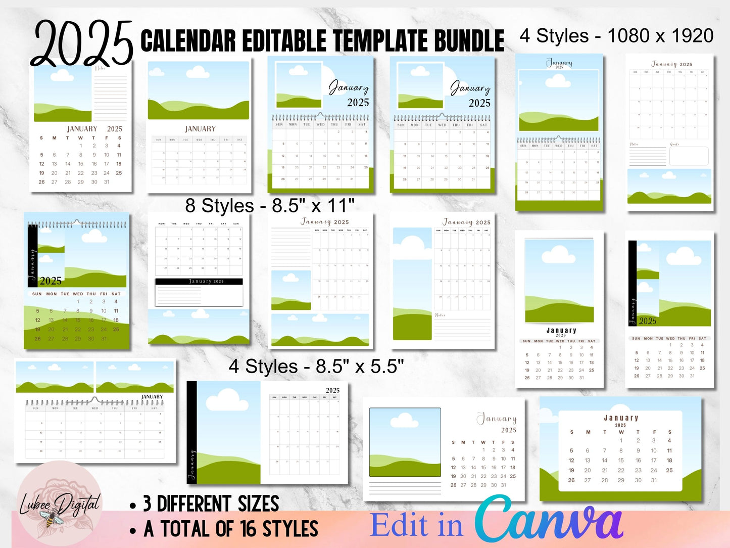 2025 Calendar Template Bundle,Photo Yearly Calendar,2025 Wall Calendar,Blank Calendar,Editable Calendar,Canva Editable Calendar,DIY Calendar