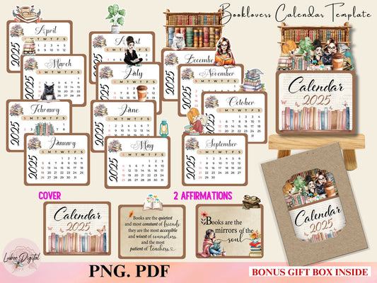 2025 Desk Calendar Book Lovers Bookworm Calendar, Book Lady Calendar, Cat Calendar Mini Printable Calendar,PNG Book Lovers Gift Desk Planner