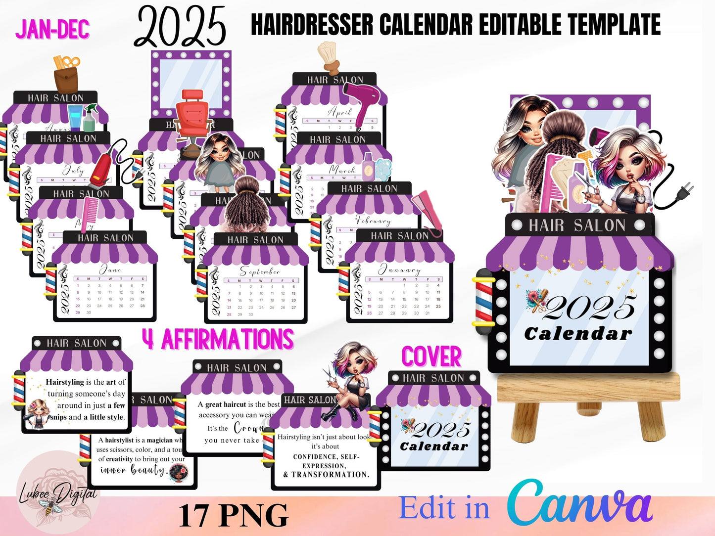 Editable Hairdresser Desk Calendar,Stylist Salon Calendar, hair stylist calendar, Canva calendar 2025,Hair Dresser Gift