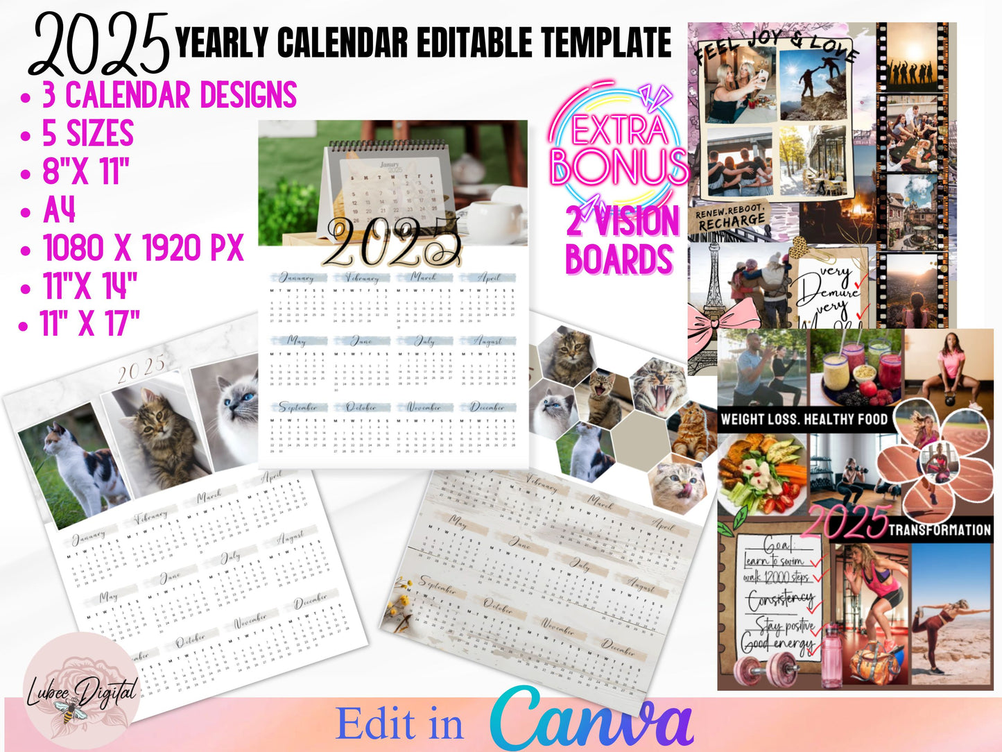 2025 Calendar Template Bundle,Photo Yearly Calendar,2025 Wall Calendar,Vision Boards, Editable Calendar,Canva Editable Calendar,DIY Calendar (Copy)