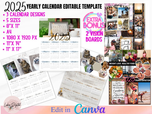 2025 Calendar Template Bundle,Photo Yearly Calendar,2025 Wall Calendar,Vision Boards, Editable Calendar,Canva Editable Calendar,DIY Calendar (Copy)