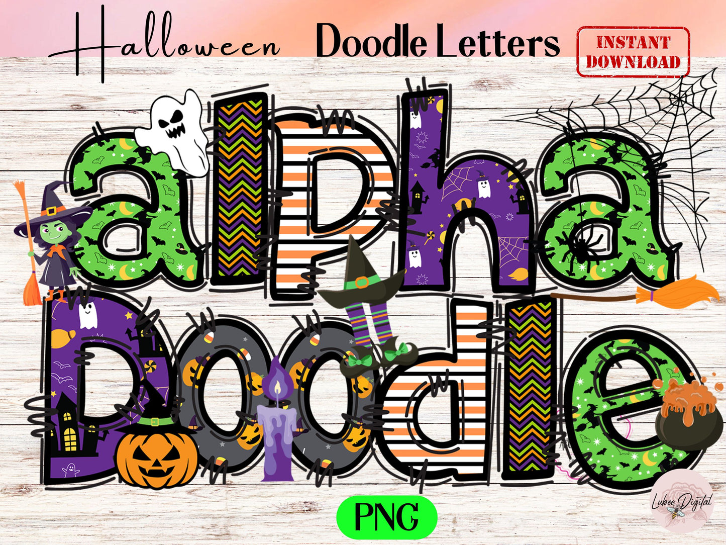 Spooky Halloween Printable PNG Doodle letters, Doodle Alpha Bundle,Doodle Set PNG Digital Spooky Alphabet