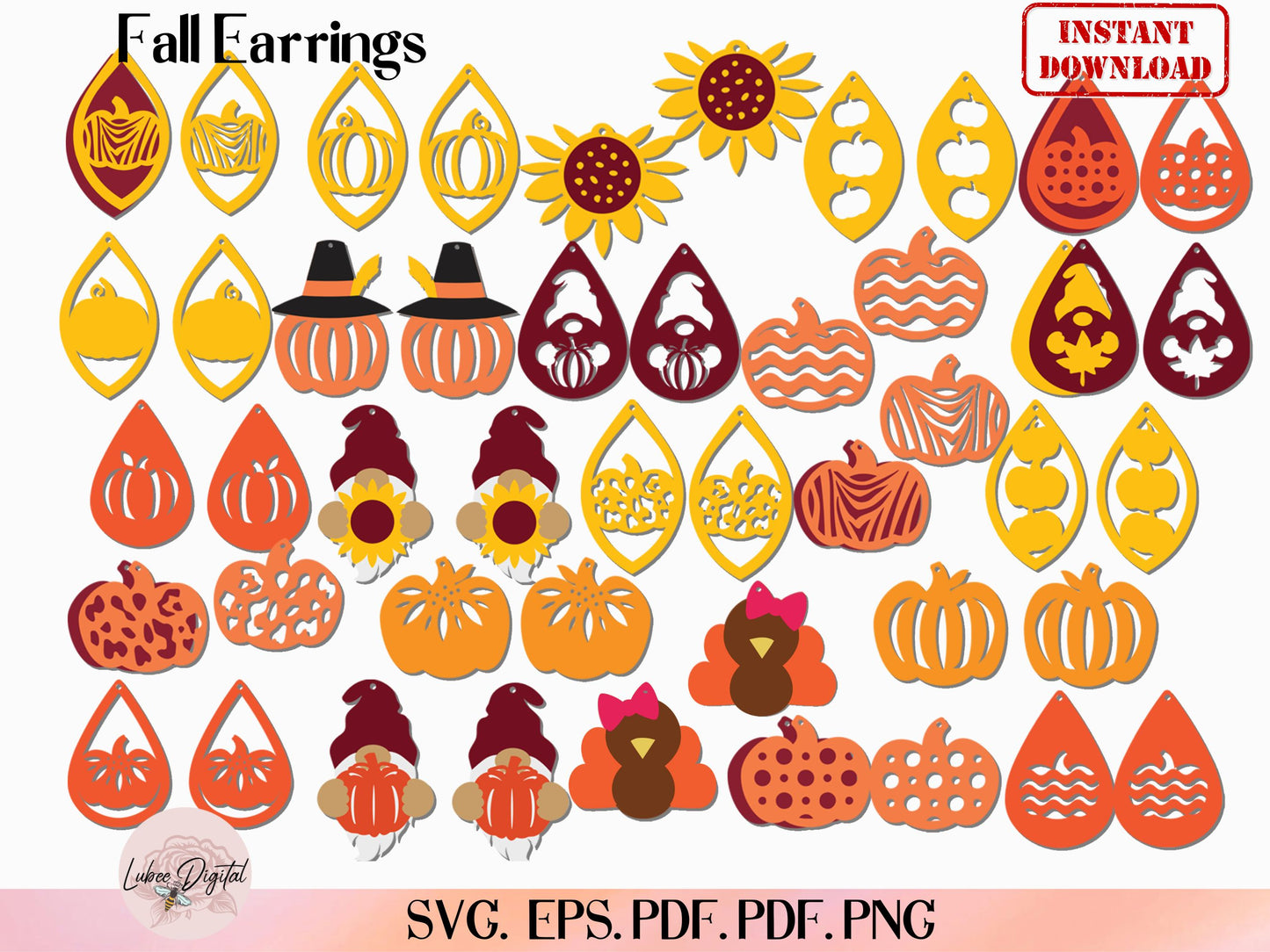 Fall Earrings Bundle SVG, Laser Cut Earrings SVG, Faux Leather Earrings,Pumpkin Gnomes Sunflower Turkey Earrings Cricut, Glowforge Earrings