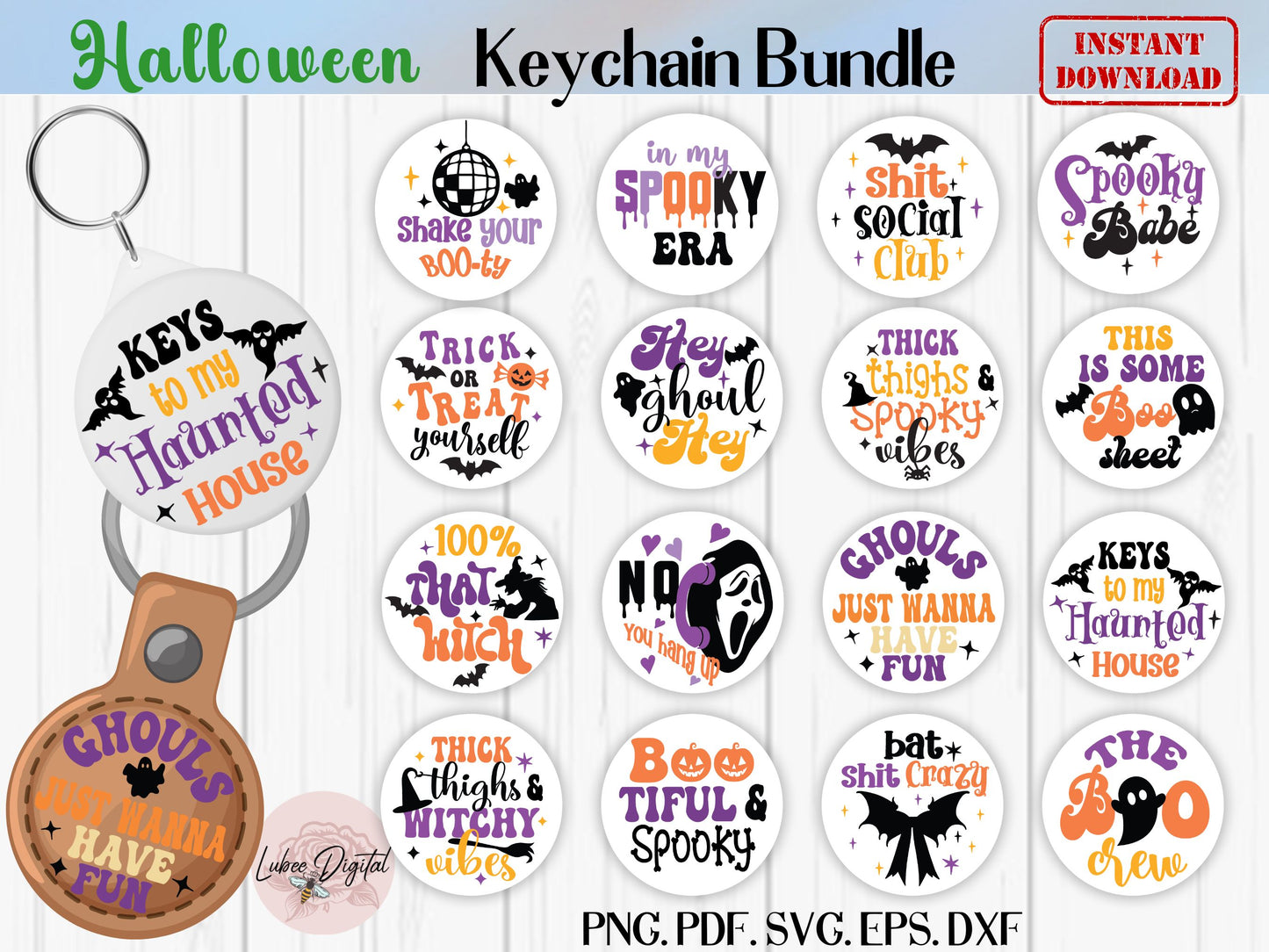 Halloween Spooky Keychain SVG, Vintage Halloween Aesthetic Keychain, Funny Spooky Circle Keychain, Keyring Template Cut File