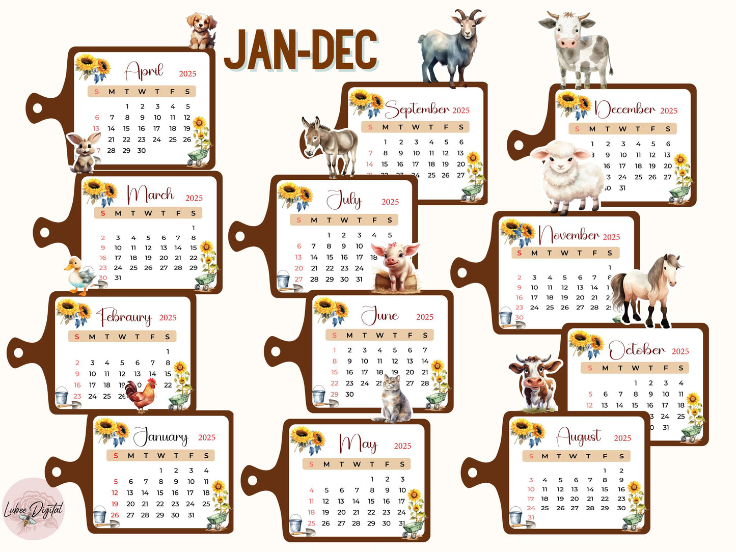 Farm Animal Monthly Calendar 2025, Printable Mini Calendar & DIY Calendar, Small calendar 2025 Cut File Cricut Farm Gift Desk planner