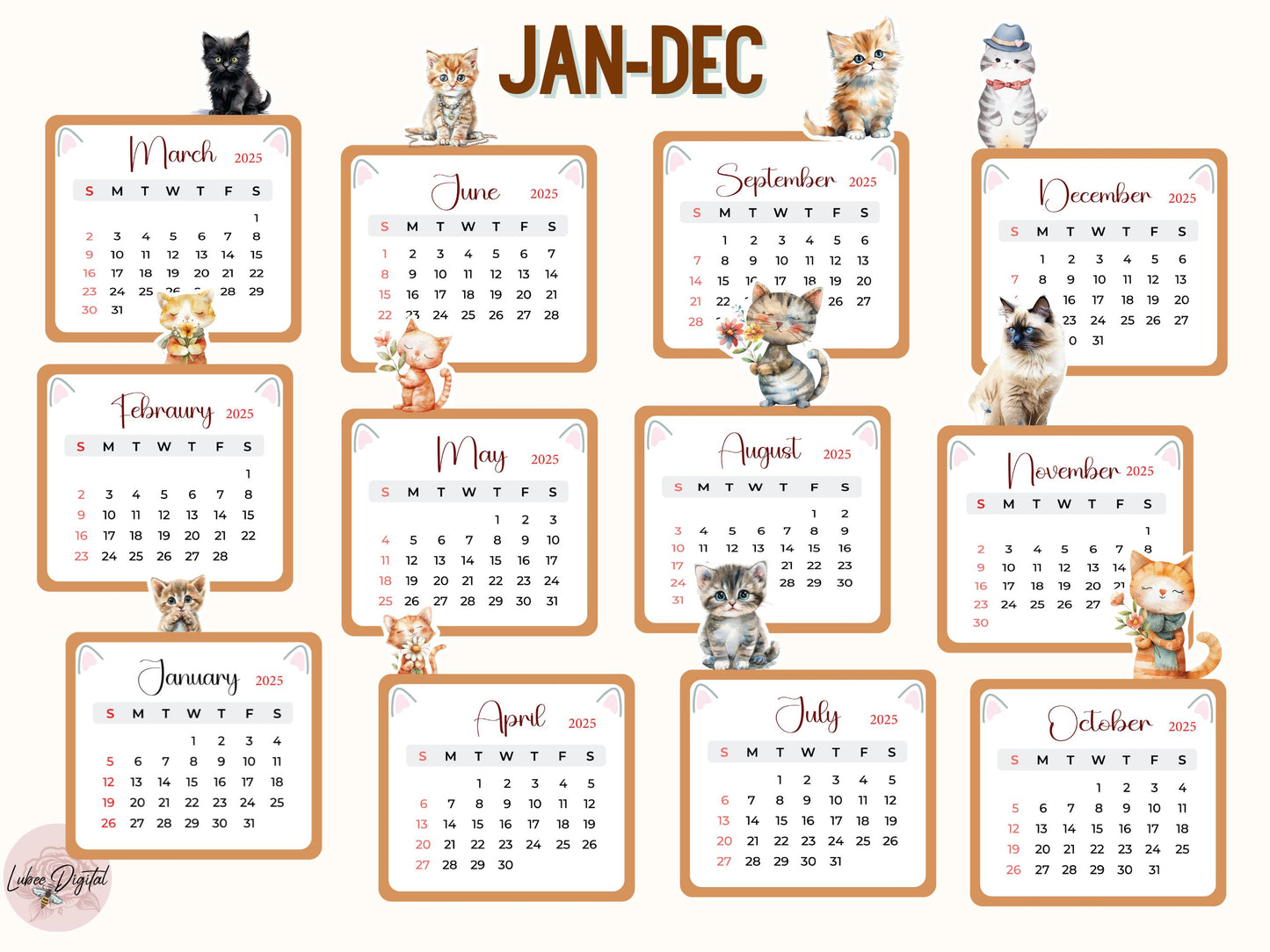 Cat Calendar 2025, Printable Mini Calendar & DIY Pet Calendar, Small calendar 2025 Cut File Cricut Cat Gift Cat Lovers Cat Mom Desk planner