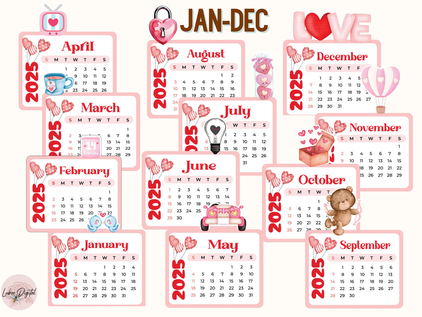 Valentine Monthly Calendar 2025, Printable Mini Calendar & DIY Calendar, Small calendar 2025 Cut File Cricut Farm Gift Desk planner