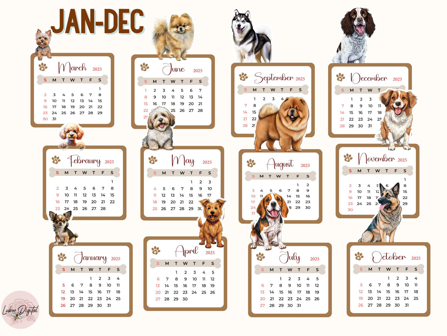 2025 Desk Calendar Dog Printable Wall Calendar Dog Owner Watercolor Print Paw Calendar PNG Cricut,Dog Gift Dog Lovers Dog Mom Desk planner