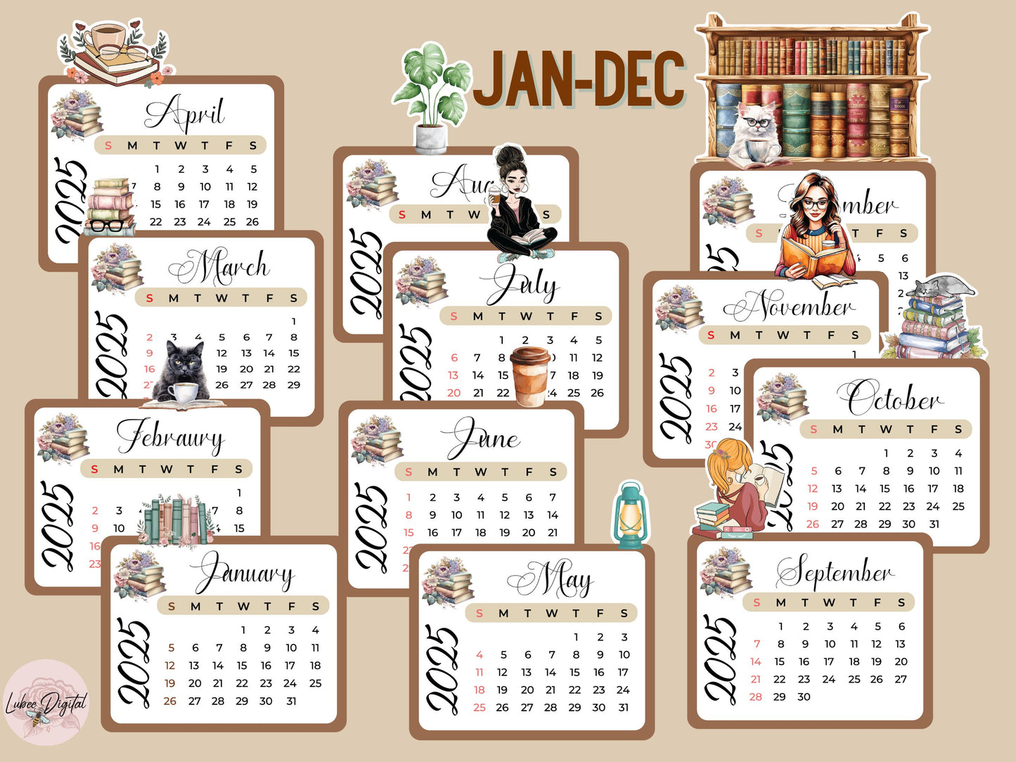 2025 Desk Calendar Book Lovers Bookworm Calendar, Book Lady Calendar, Cat Calendar Mini Printable Calendar,PNG Book Lovers Gift Desk Planner