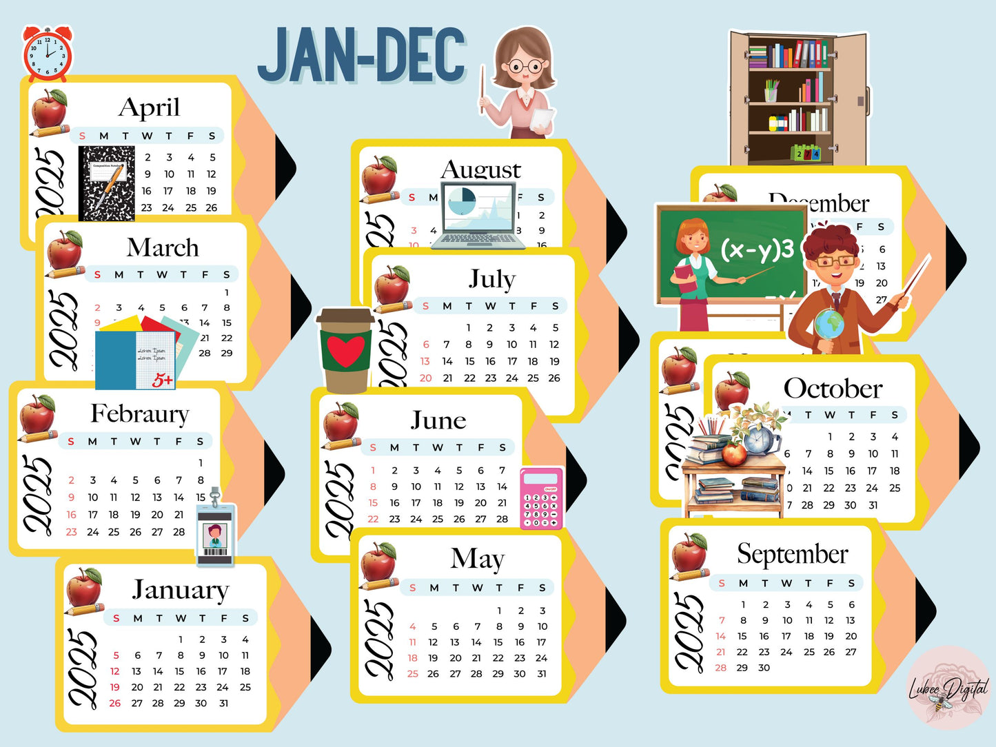 2025 Desk Teacher Calendar Printable Calendar,School Calendar,Monthly Calendar,Mini Calendar,Gift for Teachers, PNG Calendar for Cricut