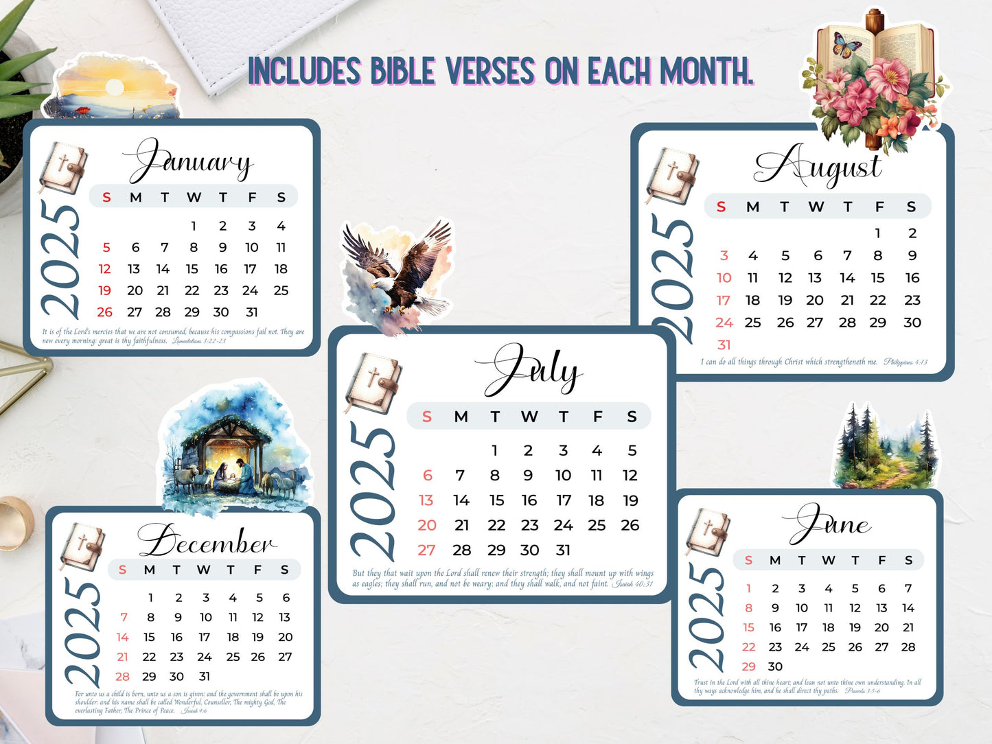 2025 Desk Monthly Christian Calendar,Bible Verse Calendar,Mini Printable Scripture Calendar Baptism Gift Desk Planner,Christian Desk Decor