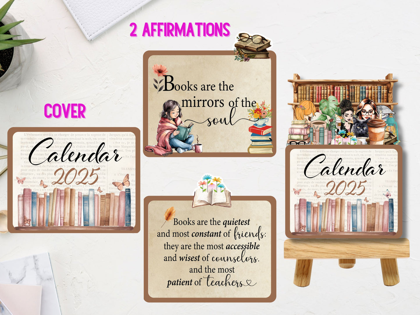 2025 Desk Calendar Book Lovers Bookworm Calendar, Book Lady Calendar, Cat Calendar Mini Printable Calendar,PNG Book Lovers Gift Desk Planner