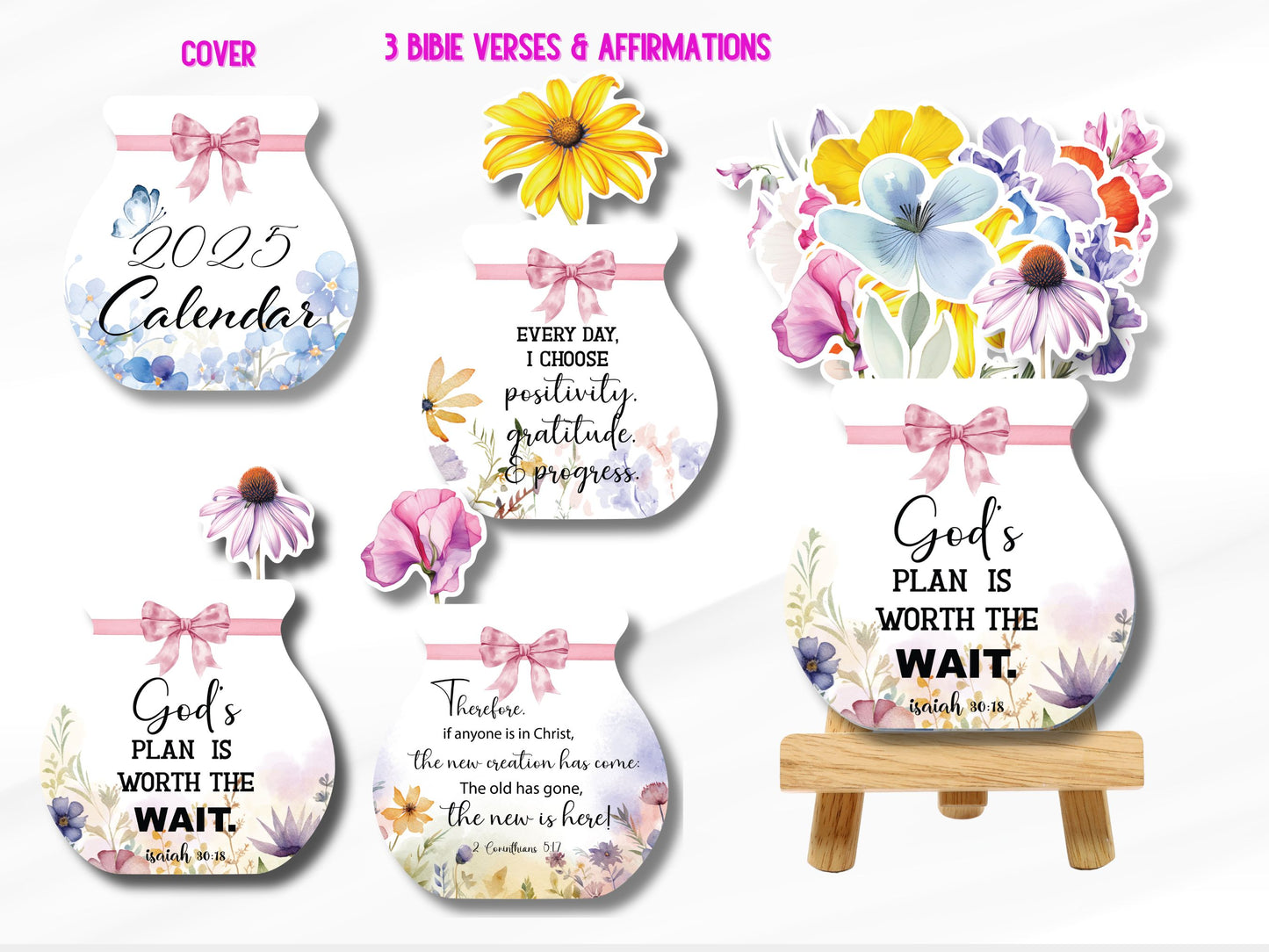 2025 Flower Desk Calendar,Printable Flowers Desk Calendar Affirmation PNG for Cricut,Watercolor Floral Calendar Botanical Bible Verses