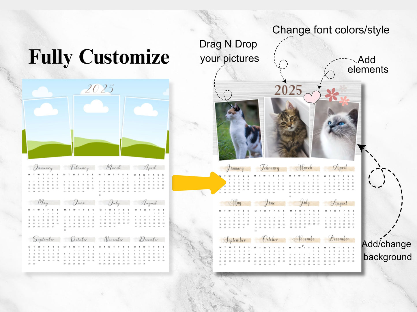 2025 Calendar Template Bundle,Photo Yearly Calendar,2025 Wall Calendar,Vision Boards, Editable Calendar,Canva Editable Calendar,DIY Calendar (Copy)