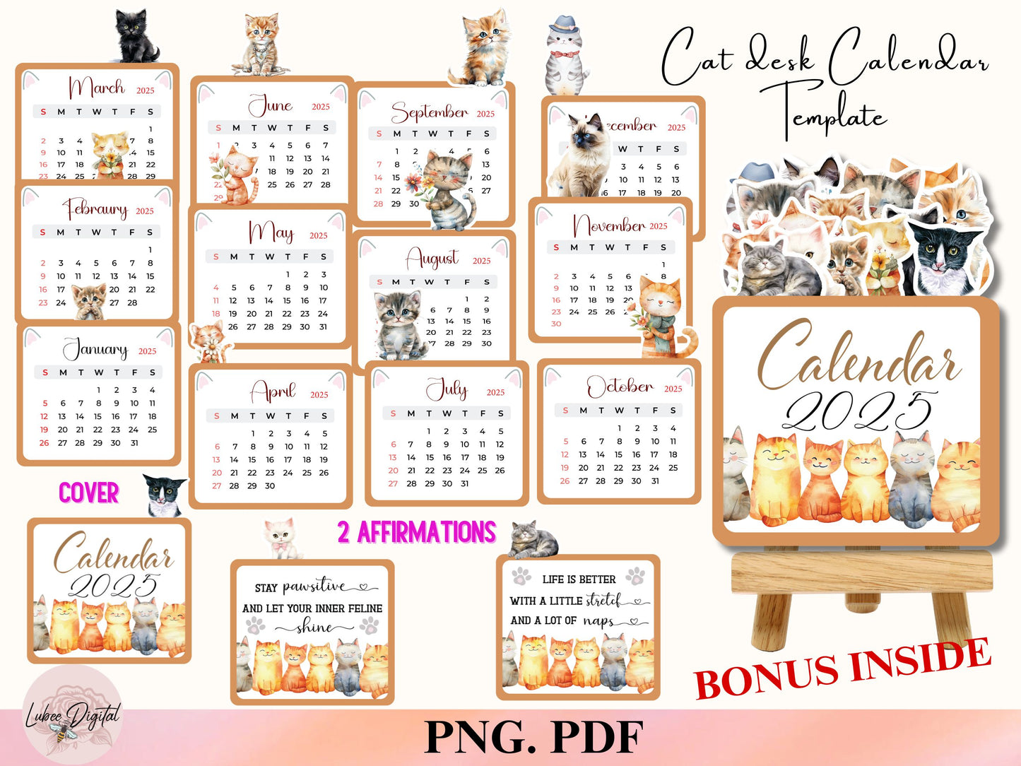 Cat Calendar 2025, Printable Mini Calendar & DIY Pet Calendar, Small calendar 2025 Cut File Cricut Cat Gift Cat Lovers Cat Mom Desk planner