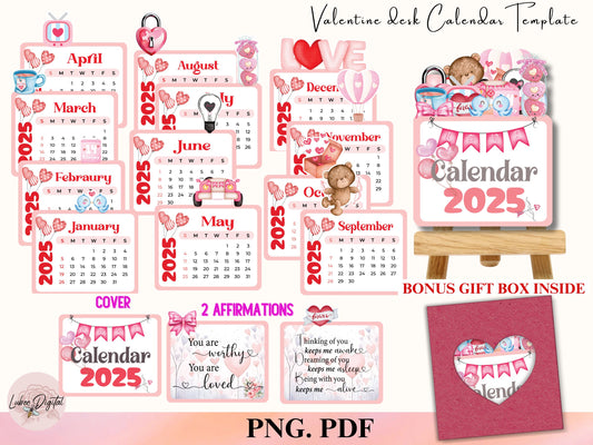 Valentine Monthly Calendar 2025, Printable Mini Calendar & DIY Calendar, Small calendar 2025 Cut File Cricut Farm Gift Desk planner