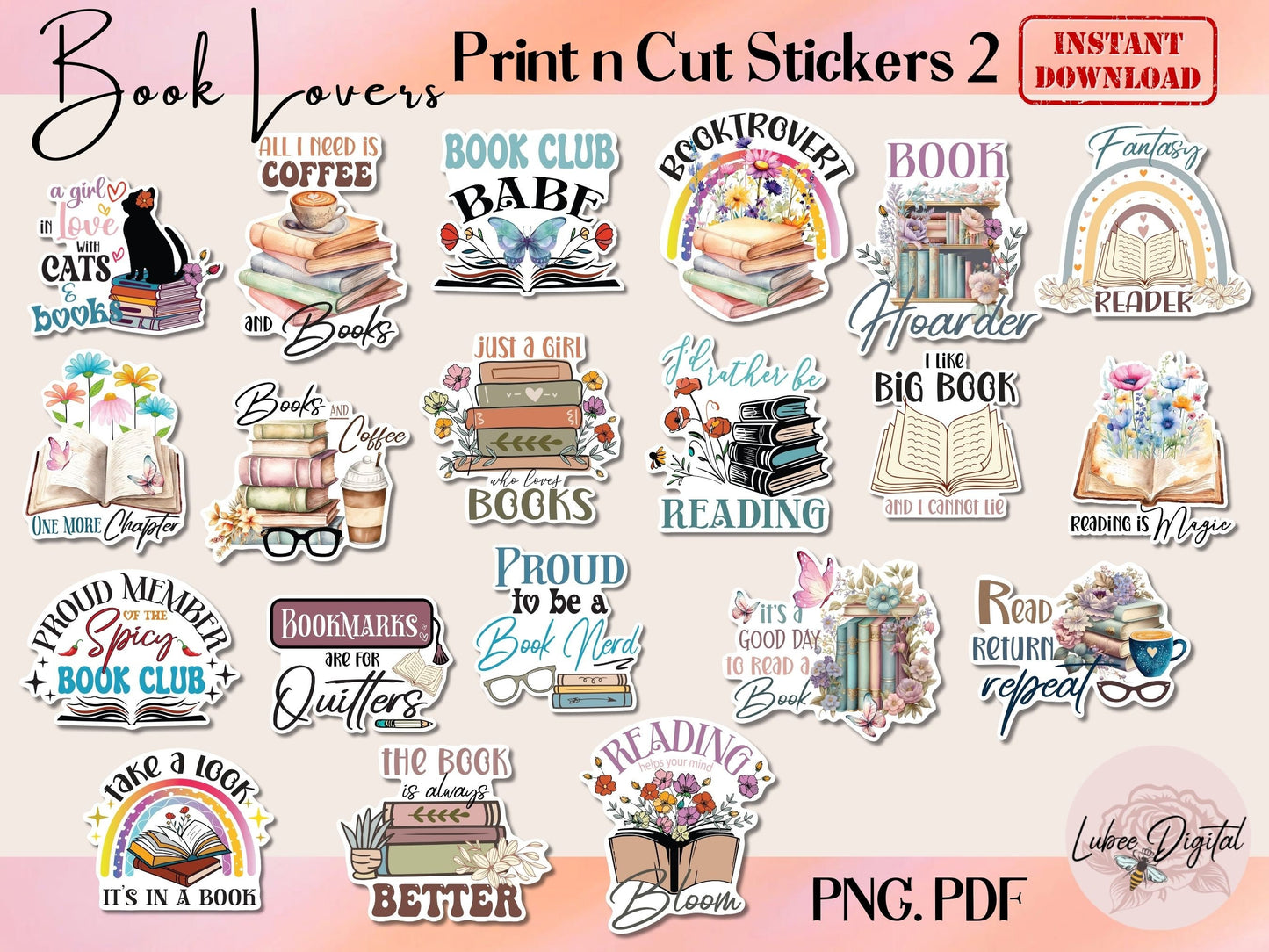 Printable Book Lover Stickers PNG Stickers,Book Lover Book Reader Stickers, Laptop Notebook Print then Cut Journal Stickers, Book Lover Gift