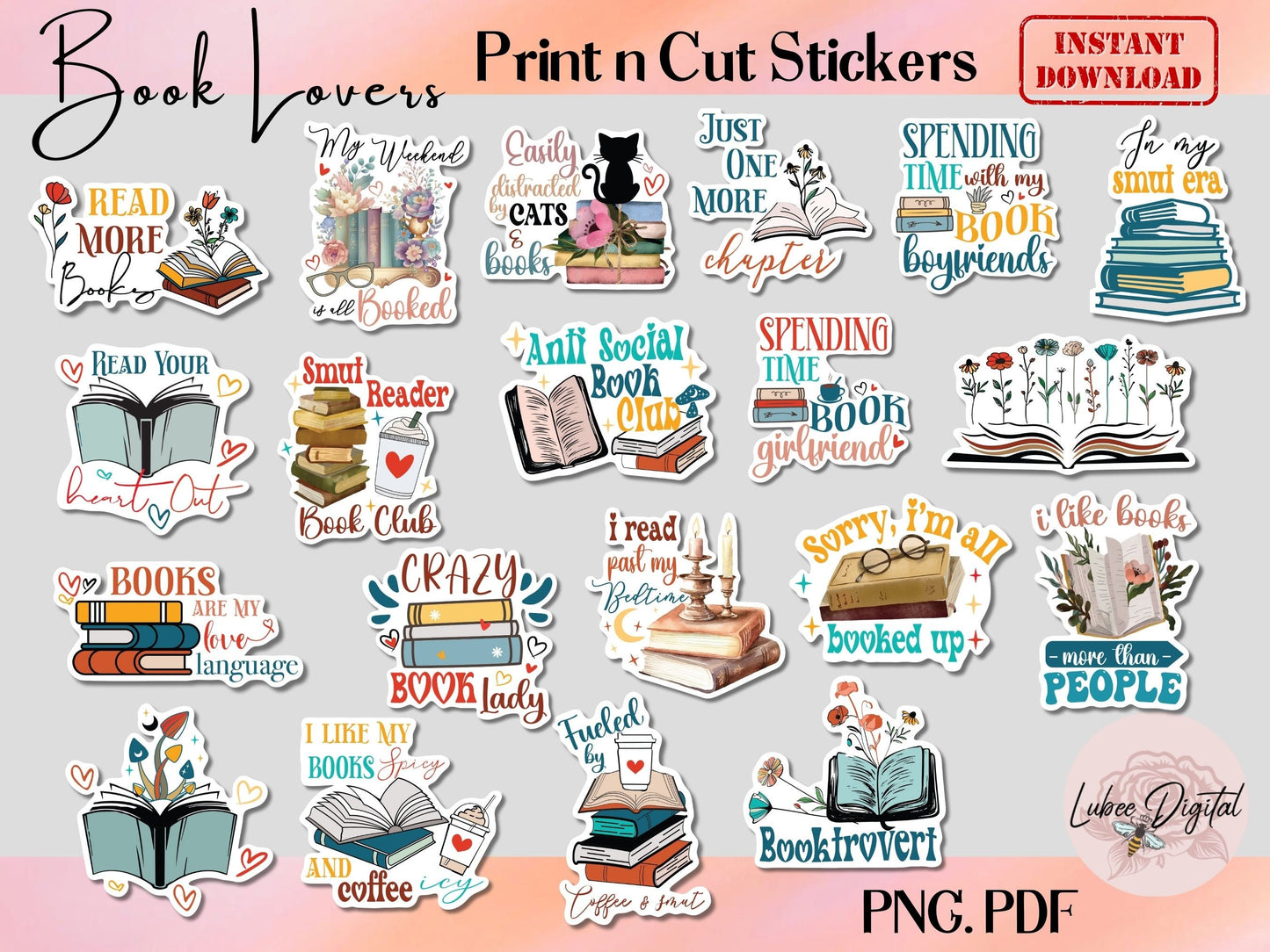 Printable Book Lover Stickers PNG Stickers,Book Lover Book Reader Stickers, Laptop Notebook Print then Cut Journal Stickers, Book Lover Gift