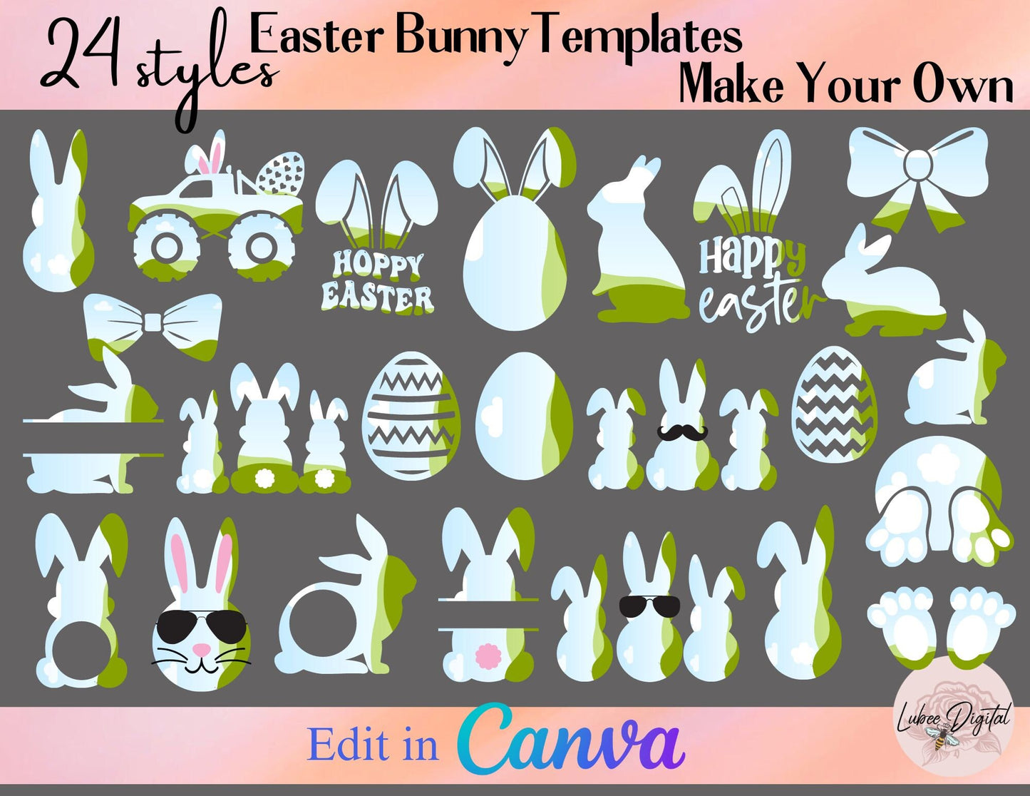 Drag & Drop Easter Bunny Canva Frames,Easter Canva Frames, Happy Easter Bunny, Editable Canva Frames Bundle,Easter Monogram Frames