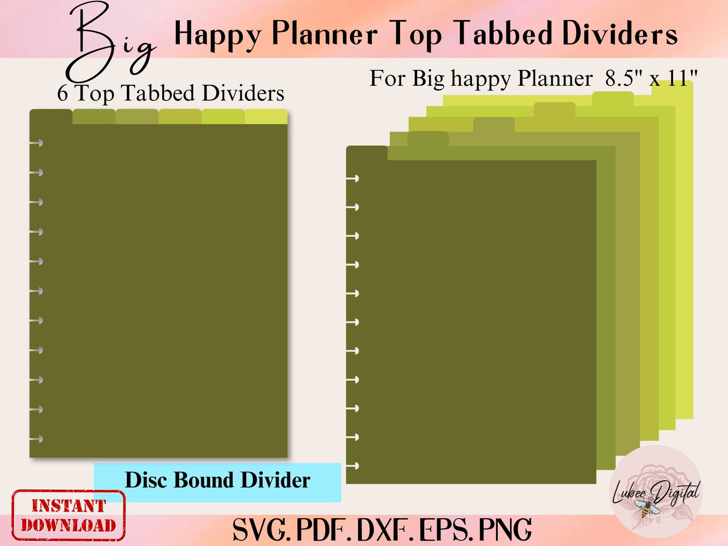 Big Happy Planner Disc Bound Divider Template,8.5 x 11 Binder Dividers,Notebook Disc Bound Divider, 6 Top Tabbed Divider