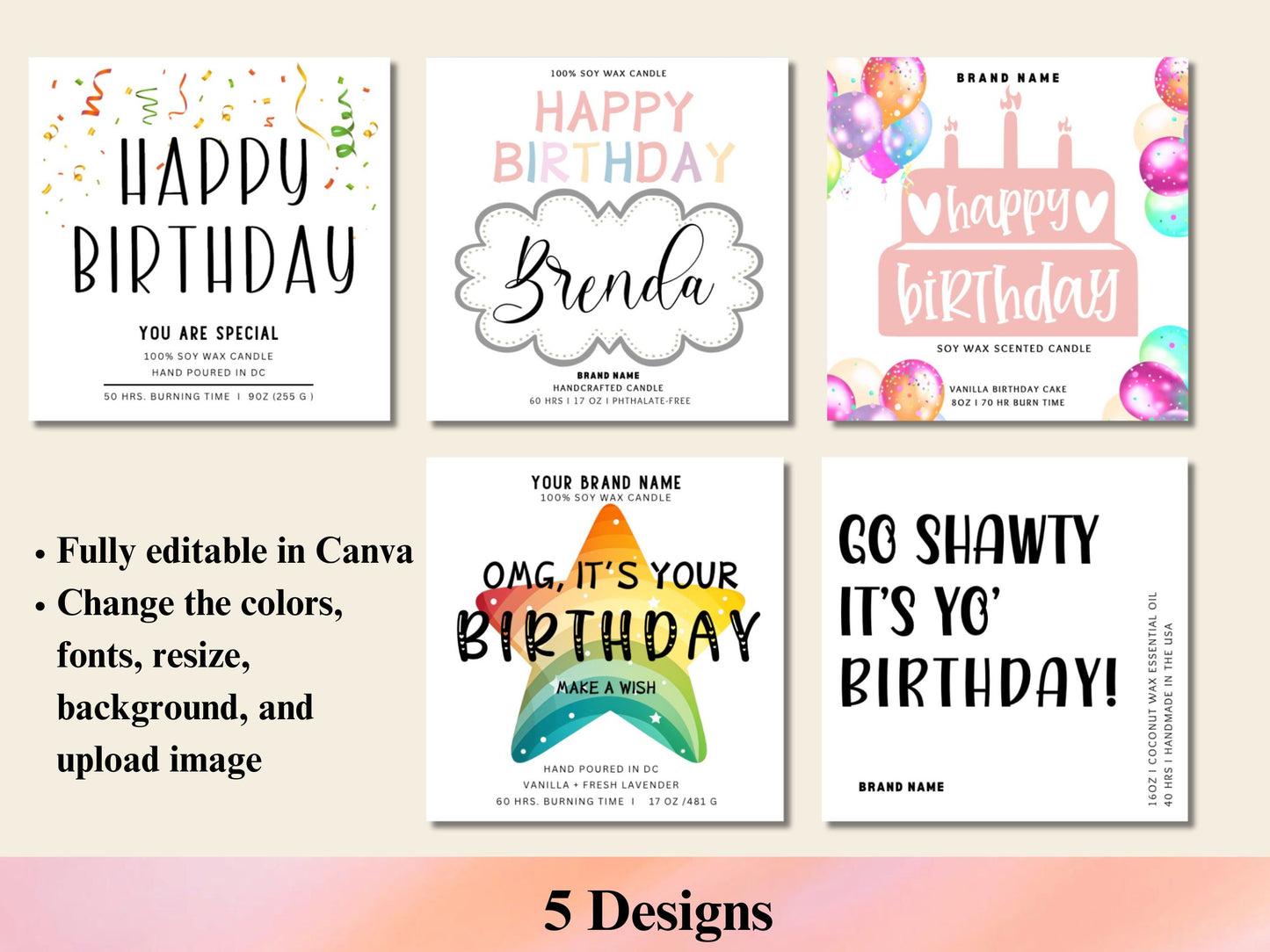 Happy Birthday Candle Label Canva Template,Editable Candle labels,Customizable Candle Jar Label Template,Canva Soy Wax Candle Sticker