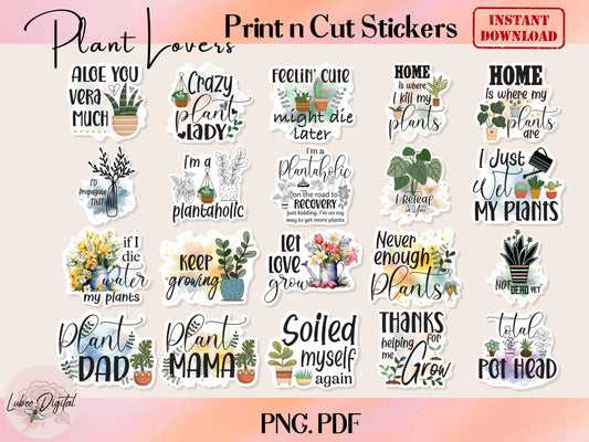 Printable Potted Plant PNG Stickers,Plant Quotes Stickers for laptop Notebook,Print then Cut plant Lover Stickers,Houseplant Stickers