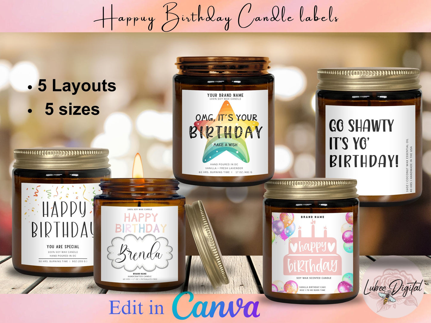 Happy Birthday Candle Label Canva Template,Editable Candle labels,Customizable Candle Jar Label Template,Canva Soy Wax Candle Sticker