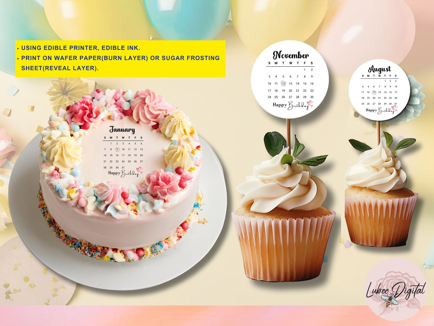 Canva Editable Cake Calendar,Burn Away Round Calendar Cake Topper Template,Custom Сake Topper, Printable 2024 Calendar Birthday Cake Topper