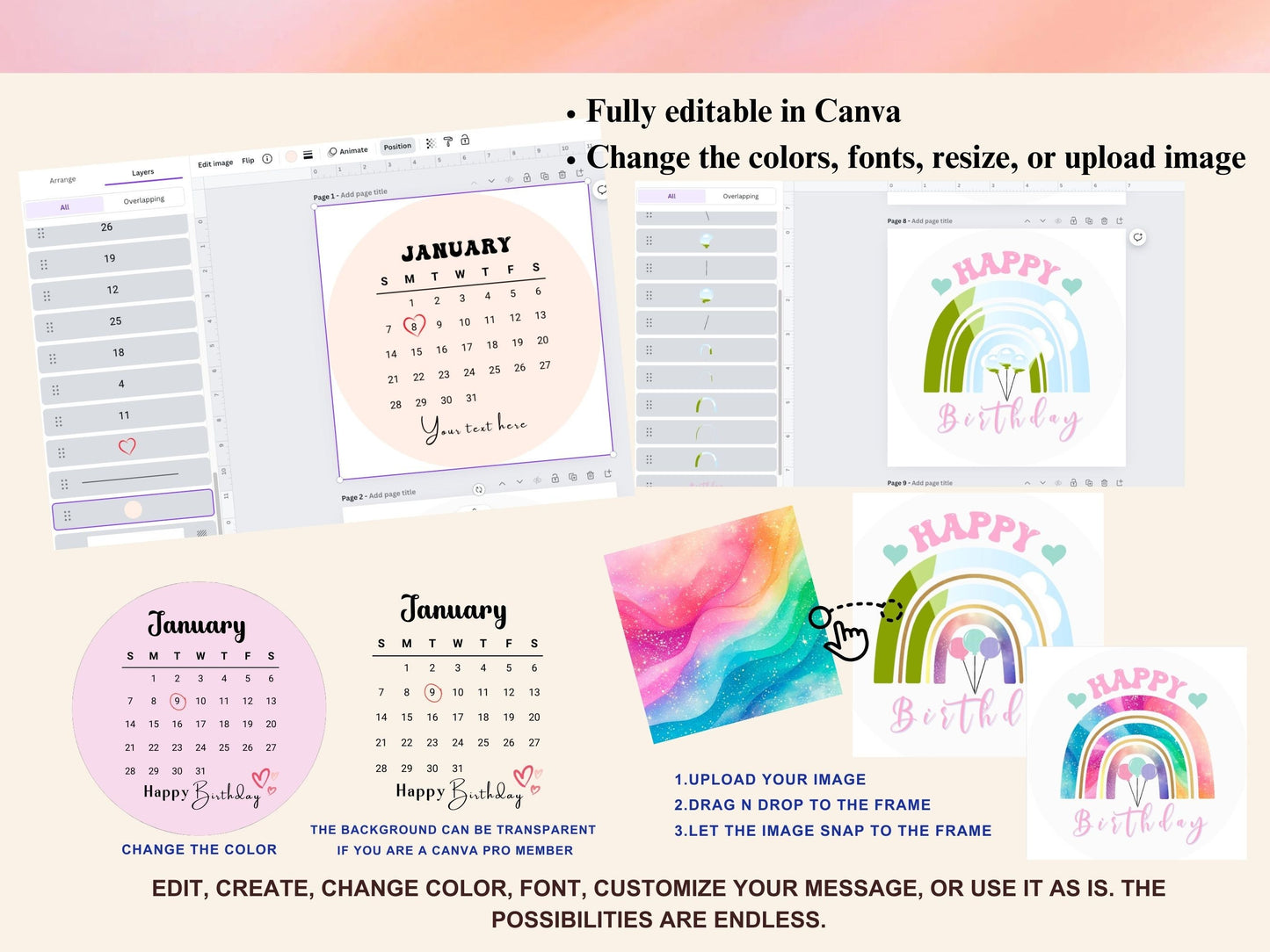 Canva Editable Cake Calendar,Burn Away Round Calendar Cake Topper Template,Custom Сake Topper, Printable 2024 Calendar Birthday Cake Topper