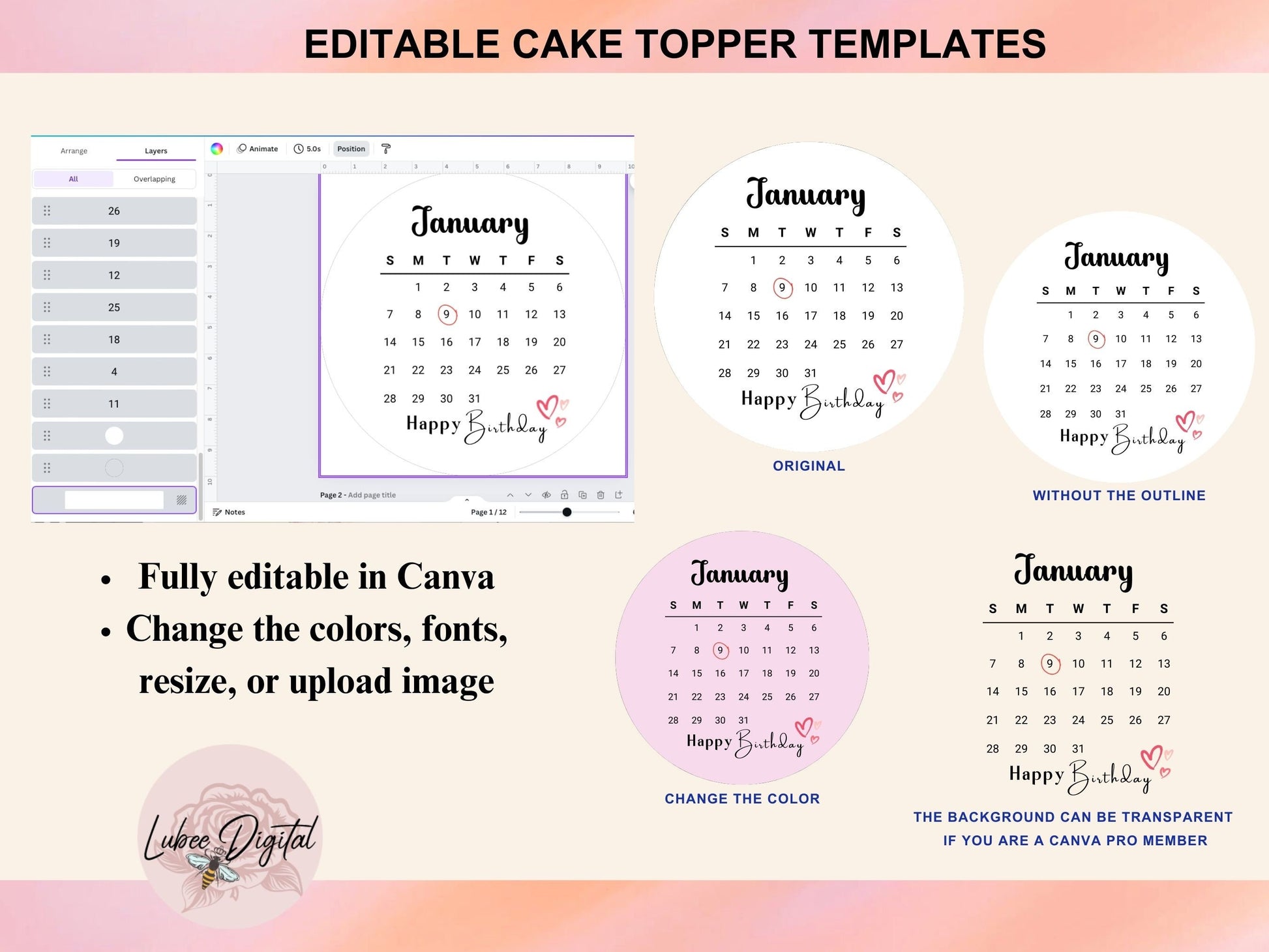 Canva Editable Cake Calendar,Burn Away Round Calendar Cake Topper Template,Custom Сake Topper, Printable 2024 Calendar Birthday Cake Topper