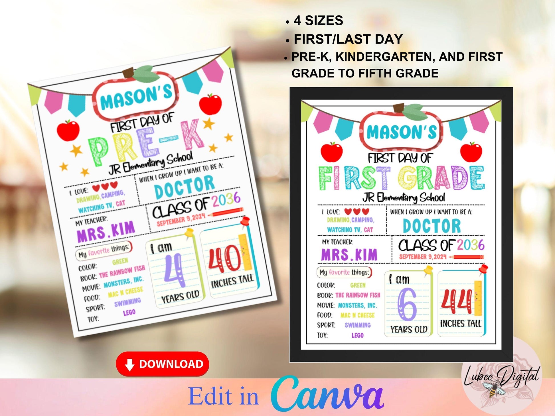 DIY Canva Template Printable Editable First Day of School Sign 1st Day Back to School Chalkboard Poster Template Reusable