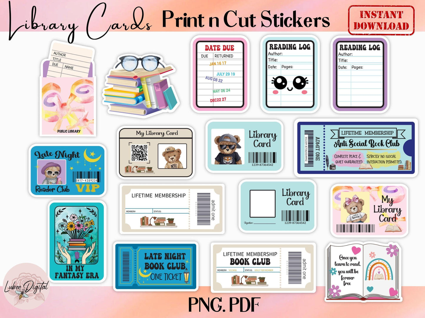 Printable Library Book Checkout Due PNG Stickers,Book Lover Reader Stickers,Custom Print then Cut Journal library Card Stickers,Book Ticket