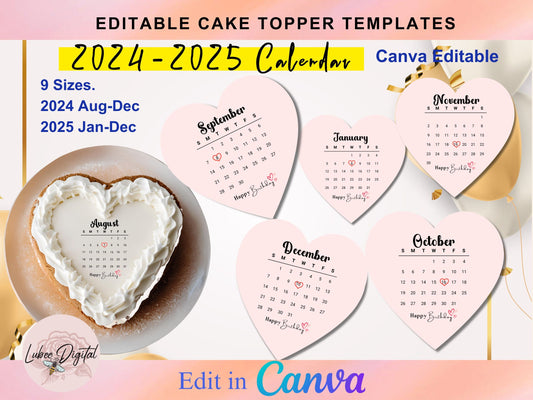 Canva Editable Heart Cake Calendar,Burn Away Calendar Cake Topper Template,Custom Сake Topper, Printable 2025 Calendar Birthday Cake Topper