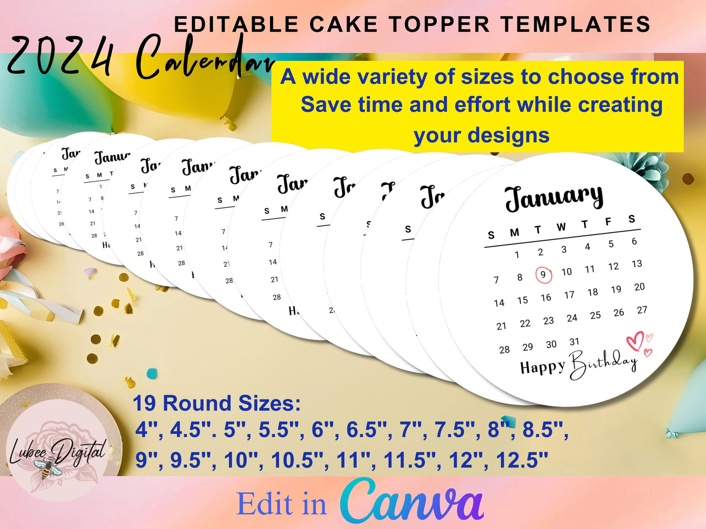 Canva Editable Cake Calendar,Burn Away Round Calendar Cake Topper Template,Custom Сake Topper, Printable 2024 Calendar Birthday Cake Topper