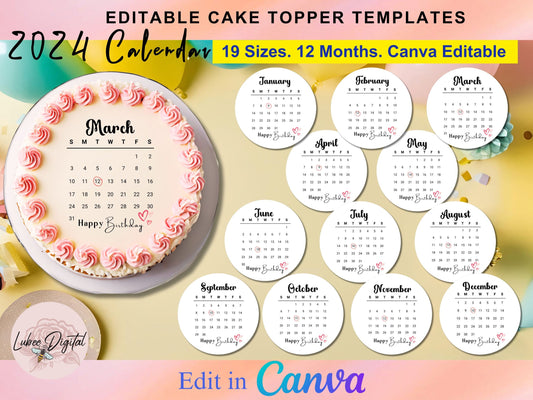 Canva Editable Cake Calendar,Burn Away Round Calendar Cake Topper Template,Custom Сake Topper, Printable 2024 Calendar Birthday Cake Topper