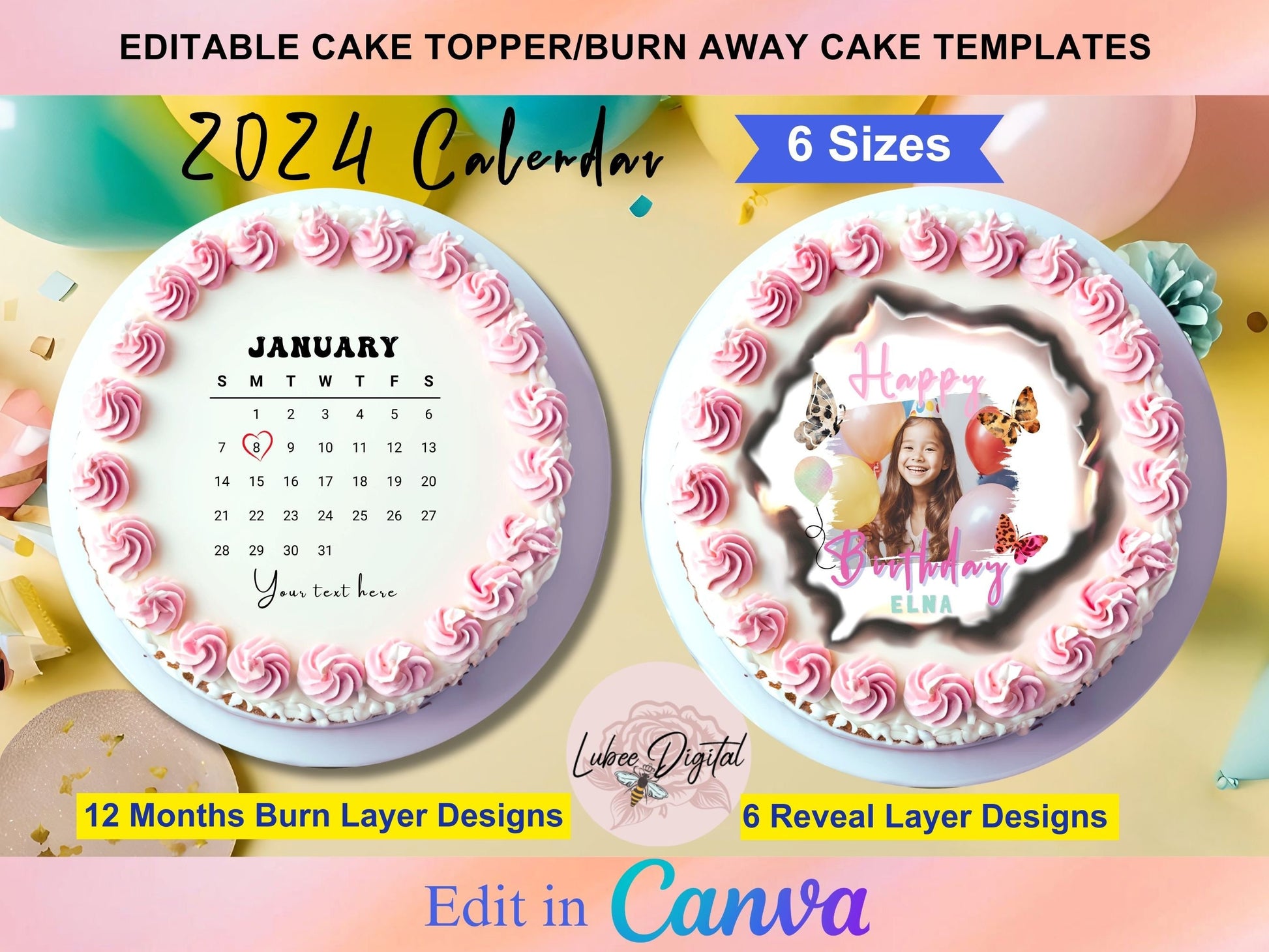 Canva Editable Cake Calendar,Burn Away Round Calendar Cake Topper Template,Custom Сake Topper, Printable 2024 Calendar Birthday Cake Topper