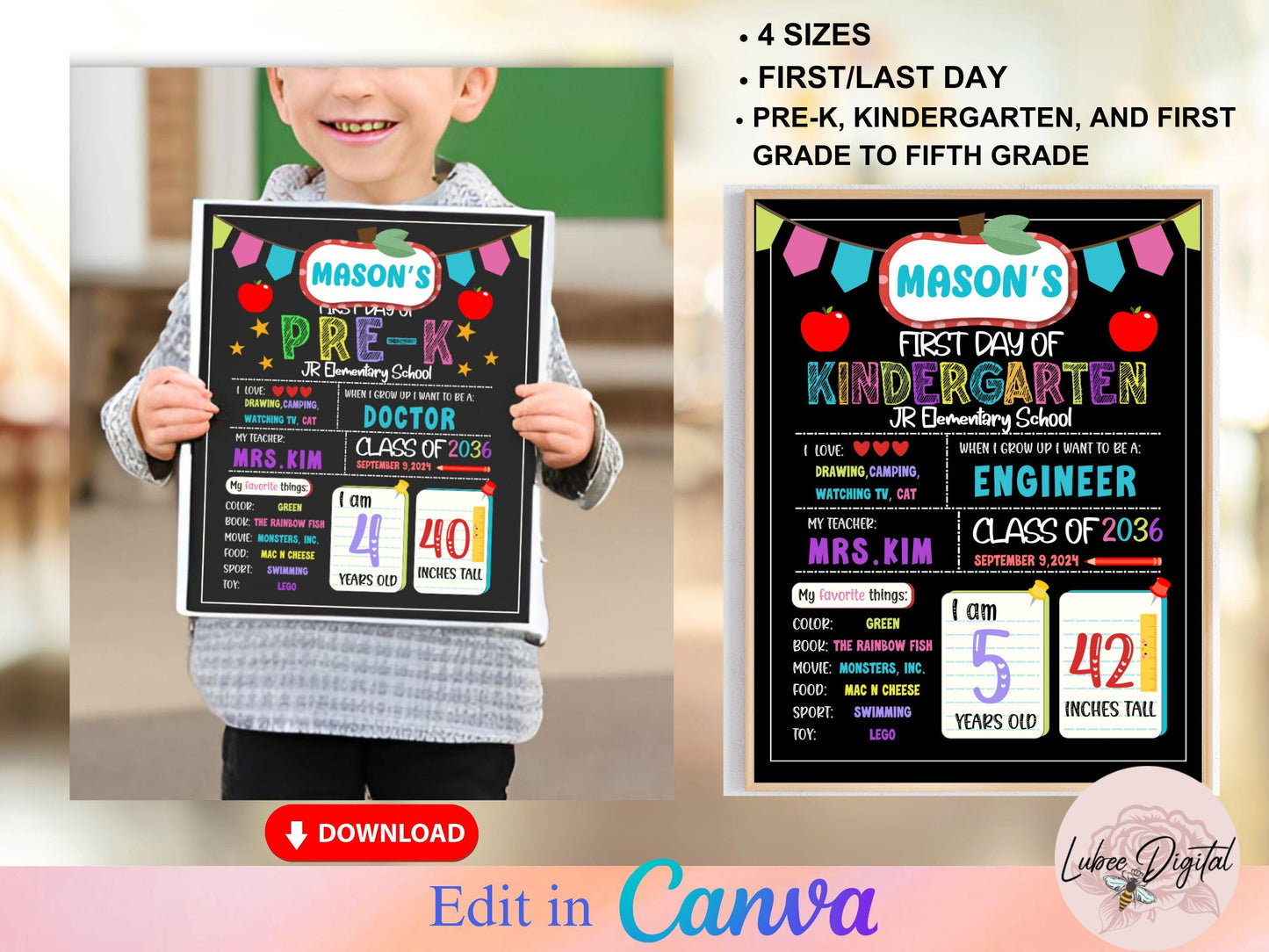 DIY Canva Template Printable Editable First Day of School Sign 1st Day Back to School Chalkboard Poster Template Reusable