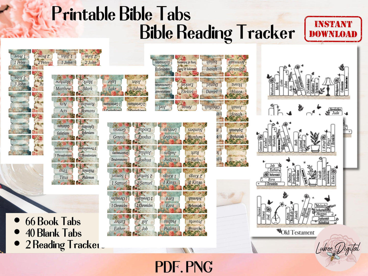 Printable Bible Tabs,Bible Journaling Tabs,Shabby Chic Book Tabs,66 Books of Bible,Blank Tabs,Printable Bible Book Tracker,Bible Index Tab