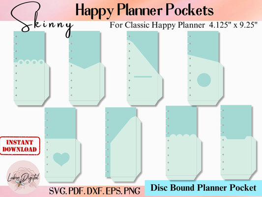 Skinny Happy Planner Disc Bound Pocket Template,Skinny Disc bound Planner Inserts SVG bundle, File Pocket Pages SVG cut files for Cricut