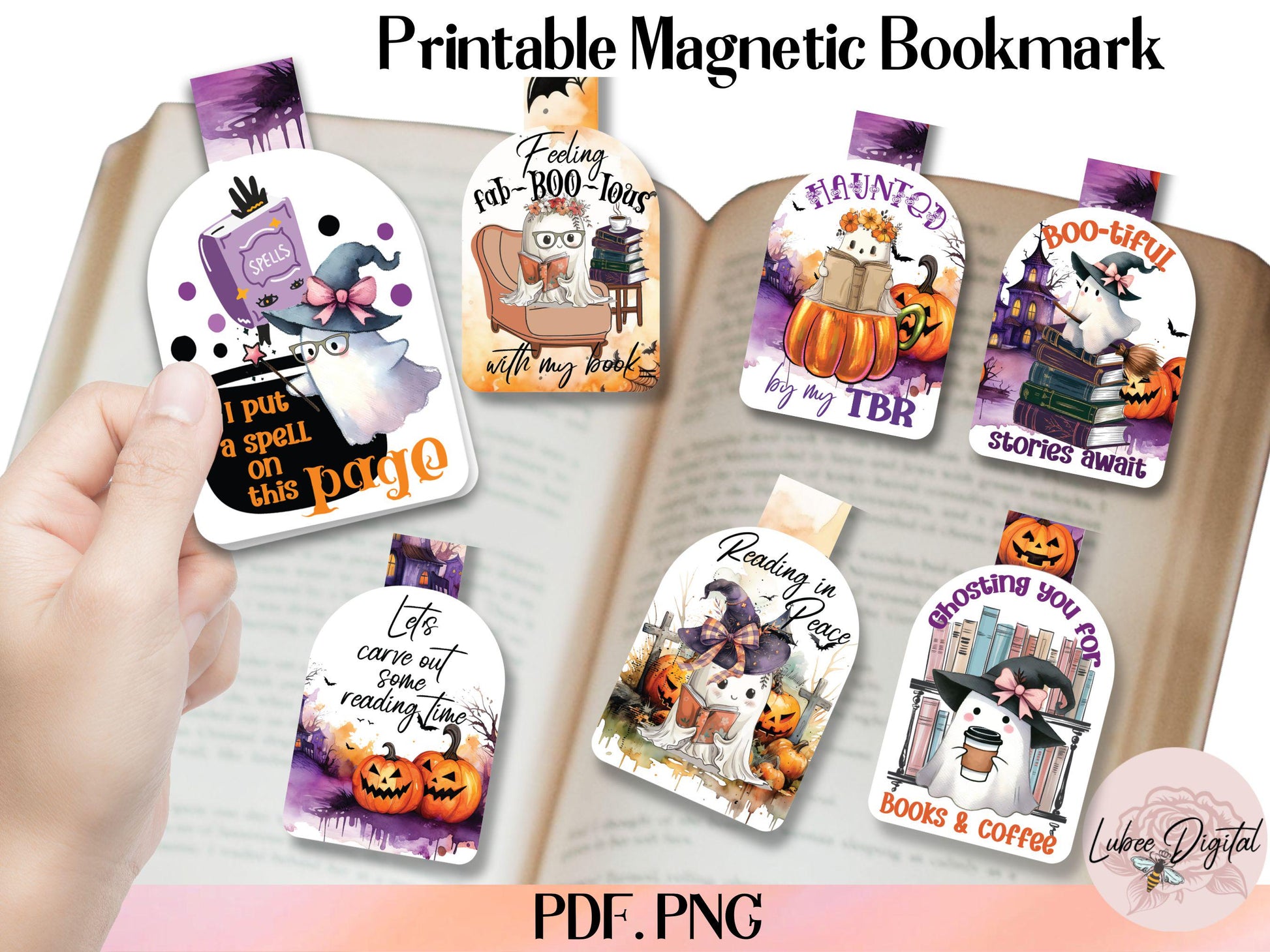 Halloween Ghost Printable Magnetic Bookmark,Halloween Book Club Holographic book lover,Spooky Ghost Planner Clip,Ghost Reading Book Bookmark