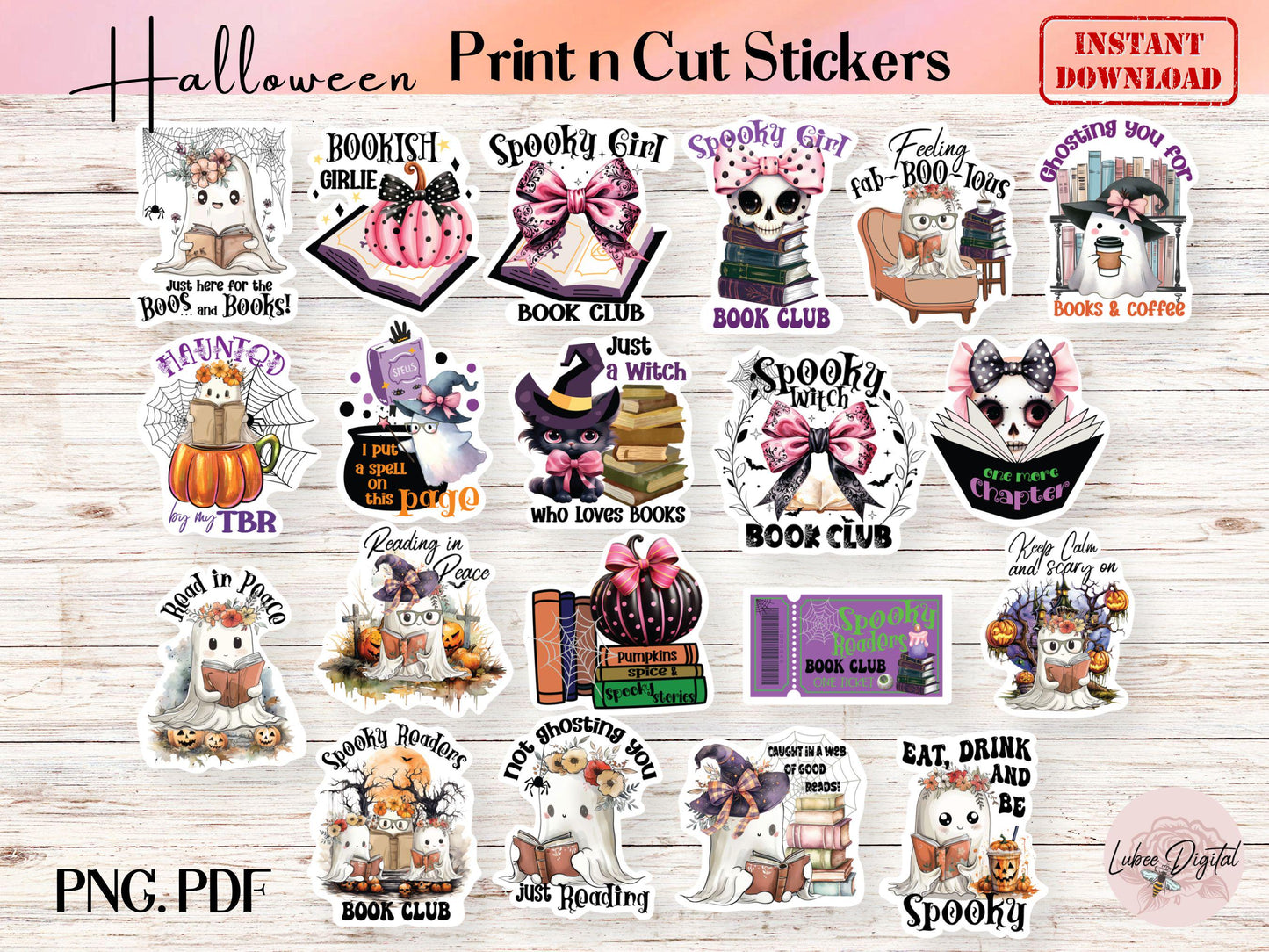 Spooky Ghost Readers Halloween Printable PNG Stickers,Digital Book Lover Stickers Gift Book Reader Laptop Print then Cut Witches Stickers