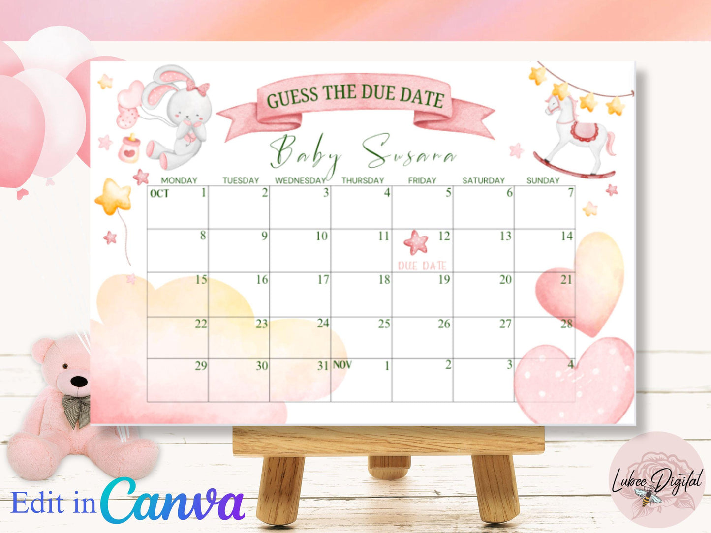 Editable Guess The Due Date Sign, Baby Shower Pregnancy calendar sign Guess Baby's birth date game, Guess Baby's Arrival Date Sign Decor